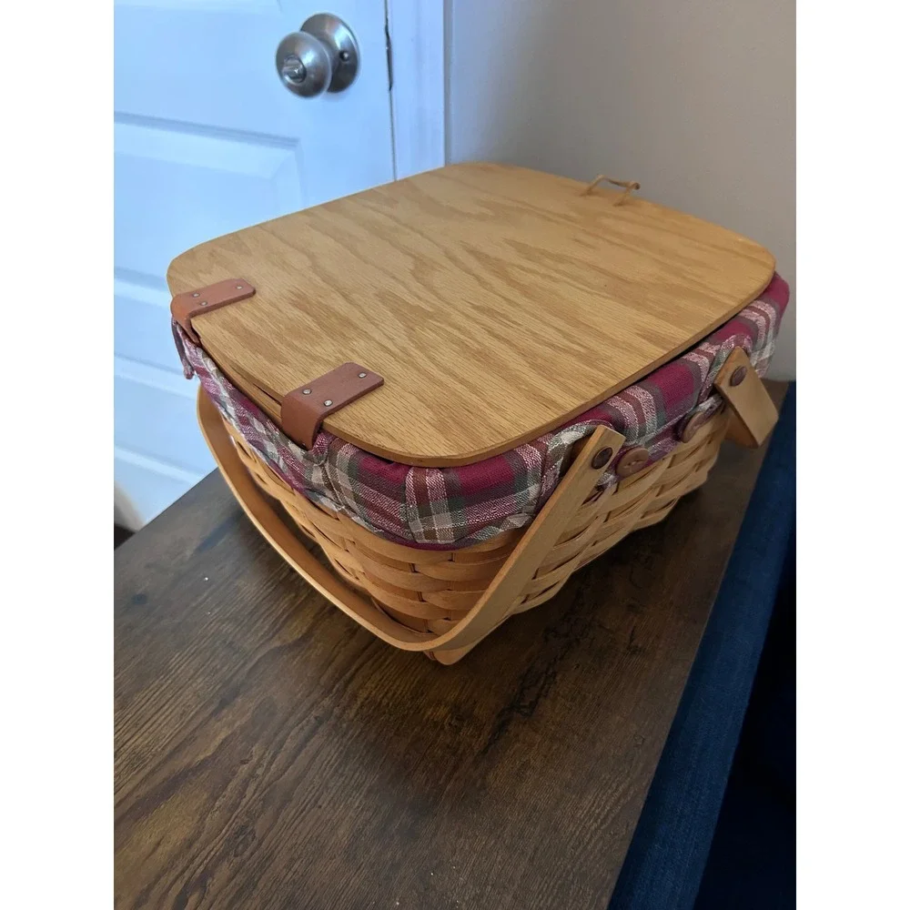 Woven Wood Picnic Basket with Hinged Lid Plaid Liner and Wooden Riser Insert